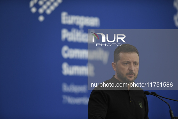 Volodymyr Zelenskyy, President of Ukraine, holds a press conference after the 5th European Political Community Summit in Budapest, Hungary,...