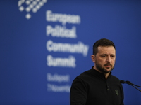 Volodymyr Zelenskyy, President of Ukraine, holds a press conference after the 5th European Political Community Summit in Budapest, Hungary,...