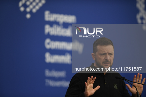 Volodymyr Zelenskyy, President of Ukraine, holds a press conference after the 5th European Political Community Summit in Budapest, Hungary,...