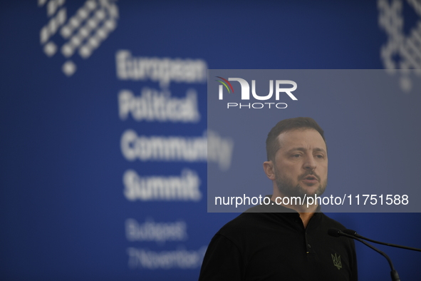 Volodymyr Zelenskyy, President of Ukraine, holds a press conference after the 5th European Political Community Summit in Budapest, Hungary,...