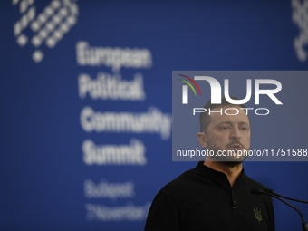 Volodymyr Zelenskyy, President of Ukraine, holds a press conference after the 5th European Political Community Summit in Budapest, Hungary,...