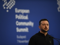 Volodymyr Zelenskyy, President of Ukraine, holds a press conference after the 5th European Political Community Summit in Budapest, Hungary,...