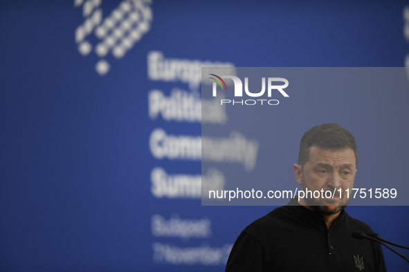 Volodymyr Zelenskyy, President of Ukraine, holds a press conference after the 5th European Political Community Summit in Budapest, Hungary,...