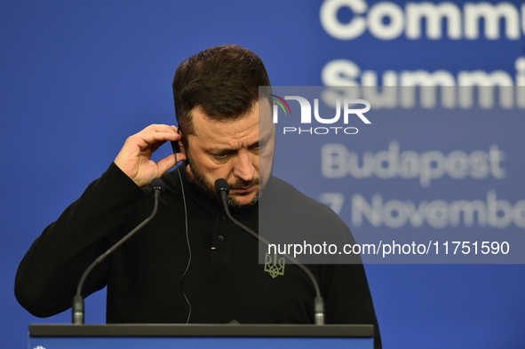 Volodymyr Zelenskyy, President of Ukraine, holds a press conference after the 5th European Political Community Summit in Budapest, Hungary,...