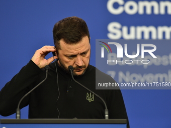 Volodymyr Zelenskyy, President of Ukraine, holds a press conference after the 5th European Political Community Summit in Budapest, Hungary,...