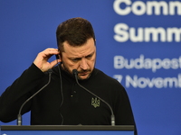 Volodymyr Zelenskyy, President of Ukraine, holds a press conference after the 5th European Political Community Summit in Budapest, Hungary,...