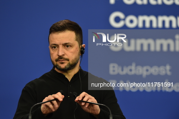 Volodymyr Zelenskyy, President of Ukraine, holds a press conference after the 5th European Political Community Summit in Budapest, Hungary,...