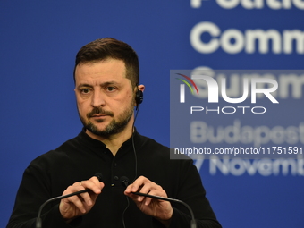 Volodymyr Zelenskyy, President of Ukraine, holds a press conference after the 5th European Political Community Summit in Budapest, Hungary,...