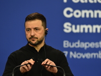 Volodymyr Zelenskyy, President of Ukraine, holds a press conference after the 5th European Political Community Summit in Budapest, Hungary,...