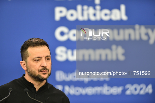 Volodymyr Zelenskyy, President of Ukraine, holds a press conference after the 5th European Political Community Summit in Budapest, Hungary,...