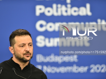 Volodymyr Zelenskyy, President of Ukraine, holds a press conference after the 5th European Political Community Summit in Budapest, Hungary,...