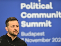 Volodymyr Zelenskyy, President of Ukraine, holds a press conference after the 5th European Political Community Summit in Budapest, Hungary,...