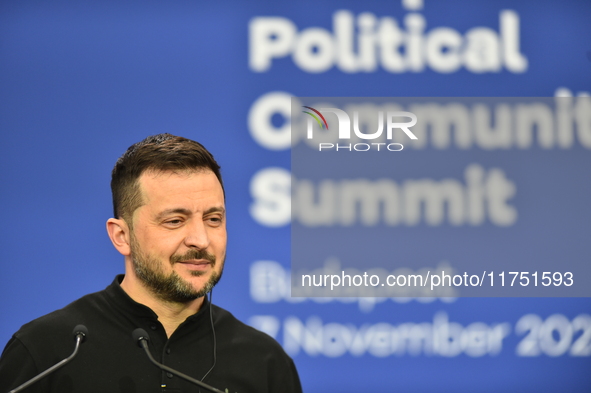 Volodymyr Zelenskyy, President of Ukraine, holds a press conference after the 5th European Political Community Summit in Budapest, Hungary,...