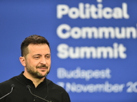 Volodymyr Zelenskyy, President of Ukraine, holds a press conference after the 5th European Political Community Summit in Budapest, Hungary,...