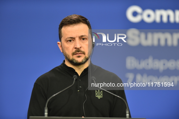 Volodymyr Zelenskyy, President of Ukraine, holds a press conference after the 5th European Political Community Summit in Budapest, Hungary,...