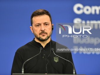 Volodymyr Zelenskyy, President of Ukraine, holds a press conference after the 5th European Political Community Summit in Budapest, Hungary,...