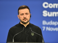 Volodymyr Zelenskyy, President of Ukraine, holds a press conference after the 5th European Political Community Summit in Budapest, Hungary,...