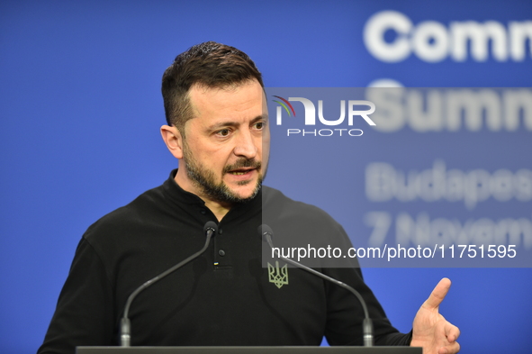 Volodymyr Zelenskyy, President of Ukraine, holds a press conference after the 5th European Political Community Summit in Budapest, Hungary,...