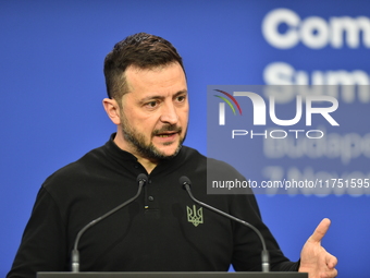 Volodymyr Zelenskyy, President of Ukraine, holds a press conference after the 5th European Political Community Summit in Budapest, Hungary,...