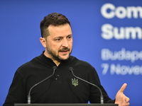 Volodymyr Zelenskyy, President of Ukraine, holds a press conference after the 5th European Political Community Summit in Budapest, Hungary,...