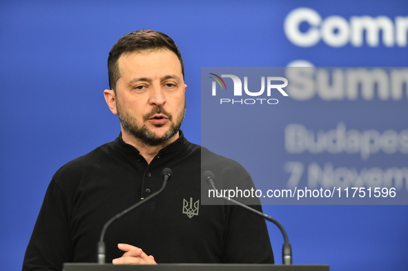 Volodymyr Zelenskyy, President of Ukraine, holds a press conference after the 5th European Political Community Summit in Budapest, Hungary,...