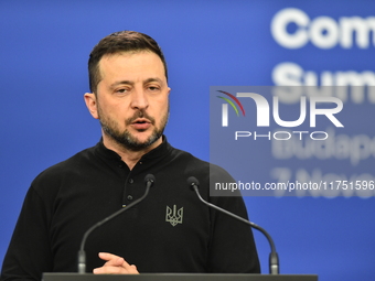 Volodymyr Zelenskyy, President of Ukraine, holds a press conference after the 5th European Political Community Summit in Budapest, Hungary,...