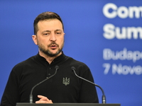 Volodymyr Zelenskyy, President of Ukraine, holds a press conference after the 5th European Political Community Summit in Budapest, Hungary,...