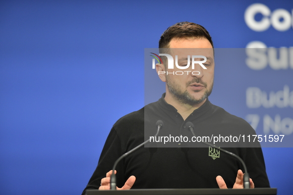 Volodymyr Zelenskyy, President of Ukraine, holds a press conference after the 5th European Political Community Summit in Budapest, Hungary,...