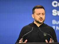 Volodymyr Zelenskyy, President of Ukraine, holds a press conference after the 5th European Political Community Summit in Budapest, Hungary,...