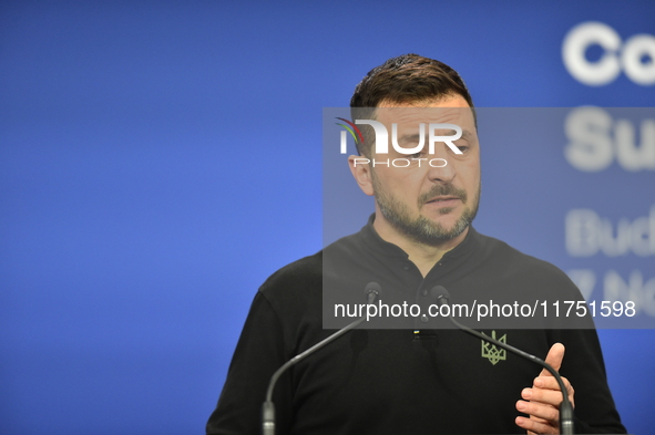 Volodymyr Zelenskyy, President of Ukraine, holds a press conference after the 5th European Political Community Summit in Budapest, Hungary,...