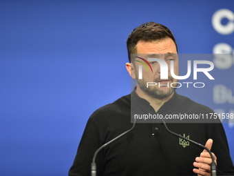 Volodymyr Zelenskyy, President of Ukraine, holds a press conference after the 5th European Political Community Summit in Budapest, Hungary,...