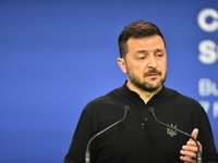 Volodymyr Zelenskyy, President of Ukraine, holds a press conference after the 5th European Political Community Summit in Budapest, Hungary,...