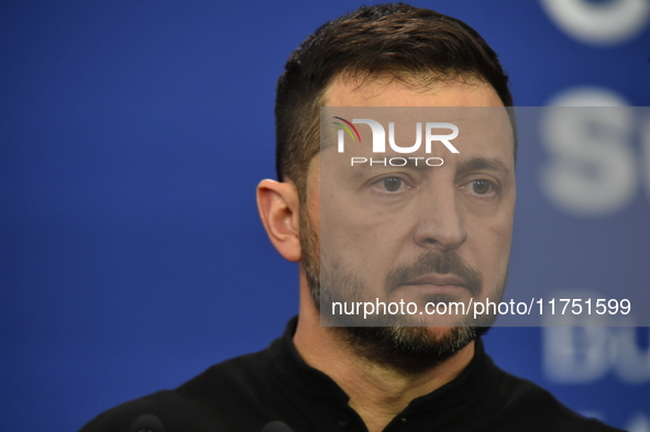 Volodymyr Zelenskyy, President of Ukraine, holds a press conference after the 5th European Political Community Summit in Budapest, Hungary,...