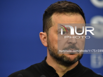 Volodymyr Zelenskyy, President of Ukraine, holds a press conference after the 5th European Political Community Summit in Budapest, Hungary,...