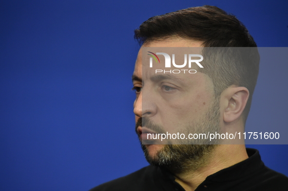 Volodymyr Zelenskyy, President of Ukraine, holds a press conference after the 5th European Political Community Summit in Budapest, Hungary,...