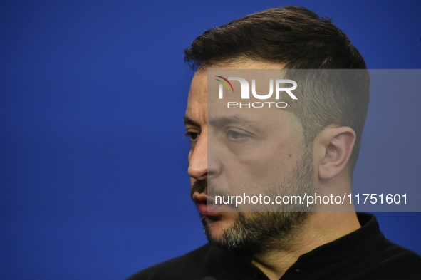 Volodymyr Zelenskyy, President of Ukraine, holds a press conference after the 5th European Political Community Summit in Budapest, Hungary,...