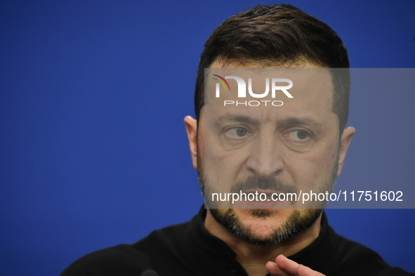 Volodymyr Zelenskyy, President of Ukraine, holds a press conference after the 5th European Political Community Summit in Budapest, Hungary,...