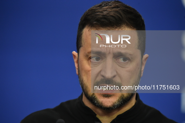 Volodymyr Zelenskyy, President of Ukraine, holds a press conference after the 5th European Political Community Summit in Budapest, Hungary,...