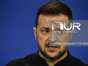 Volodymyr Zelenskyy, President of Ukraine, holds a press conference after the 5th European Political Community Summit in Budapest, Hungary,...