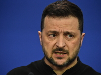 Volodymyr Zelenskyy, President of Ukraine, holds a press conference after the 5th European Political Community Summit in Budapest, Hungary,...