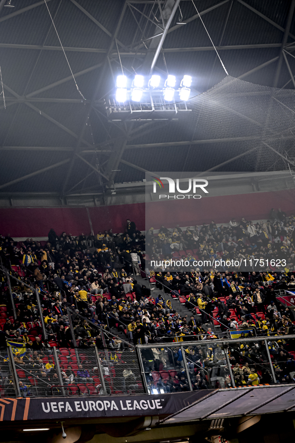 Fans of Maccabi Tel Aviv attend the match between Ajax and Maccabi Tel Aviv at the Johan Cruijff ArenA for the UEFA Europa League - League p...