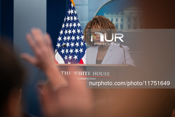 Press Secretary Karine Jean-Pierre conducts the daily White House press briefing in Washington, DC, on November 7, 2024. 