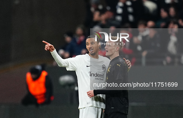 Hugo Ekitike of Eintracht Frankfurt  with post game celebration during the Eurepa League Round 4 match between Eintracht Frankfurt v SK Slav...