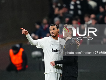 Hugo Ekitike of Eintracht Frankfurt  with post game celebration during the Eurepa League Round 4 match between Eintracht Frankfurt v SK Slav...