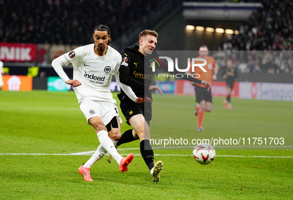 Hugo Ekitike of Eintracht Frankfurt  shoots on goal during the Eurepa League Round 4 match between Eintracht Frankfurt v SK Slavia Prague at...