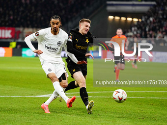 Hugo Ekitike of Eintracht Frankfurt  shoots on goal during the Eurepa League Round 4 match between Eintracht Frankfurt v SK Slavia Prague at...