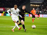 Hugo Ekitike of Eintracht Frankfurt  shoots on goal during the Eurepa League Round 4 match between Eintracht Frankfurt v SK Slavia Prague at...