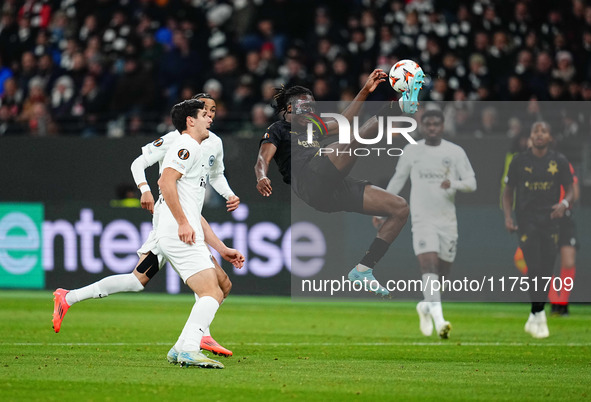 Igoh Ogbu of SK Slavia Prague  controls the ball during the Eurepa League Round 4 match between Eintracht Frankfurt v SK Slavia Prague at th...