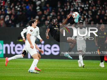 Igoh Ogbu of SK Slavia Prague  controls the ball during the Eurepa League Round 4 match between Eintracht Frankfurt v SK Slavia Prague at th...