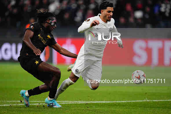 Omar Marmoush of Eintracht Frankfurt  controls the ball during the Eurepa League Round 4 match between Eintracht Frankfurt v SK Slavia Pragu...